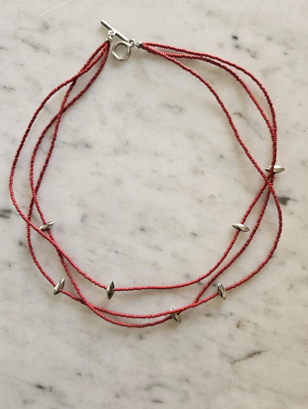 Cabo San Lucas Red Coral and Silver 3 Strand Beaded Necklace/Bracelet or Anklet